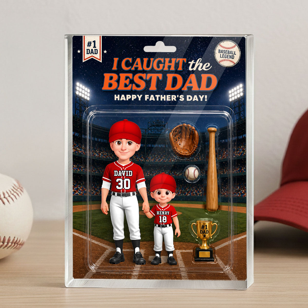 Retro Friday Night Light Baseball We Caught The Best Dad - Personalized Acrylic Block Plaque -  Gift For Baseball Dad