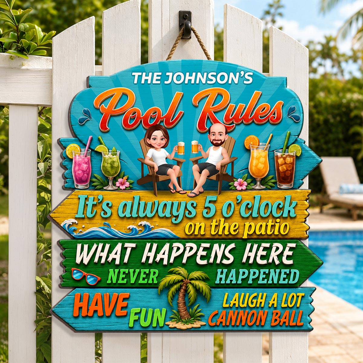 Family Pool Rules Sign Tropical - Personalized Wood Sign - Gift For Grandpa, Grandma, Summer Decorations