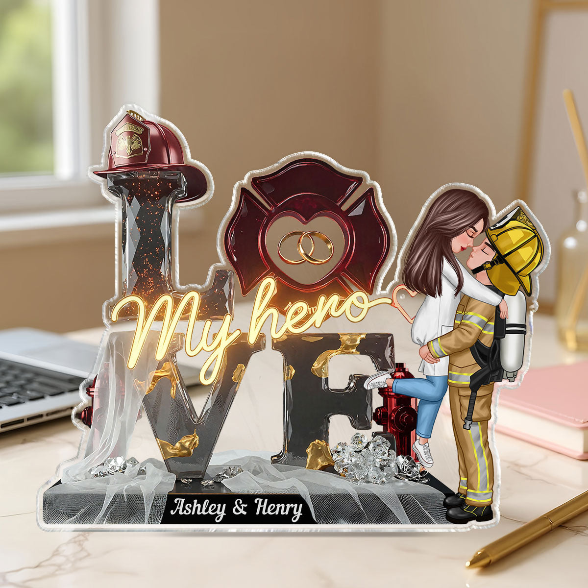 My Hero Firefighter Couple - Personalized Acrylic Block Plaque - Valentine's Day For Him, For Her