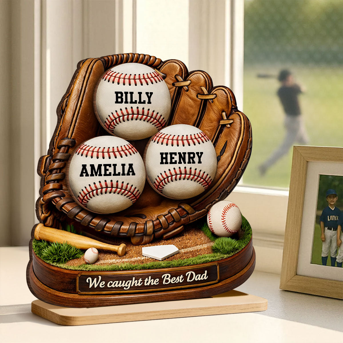 We Caught the Best Dad Baseball Softball - Personalized 2-Layered Wooden Plaque - Heartfelt Gift for Dad