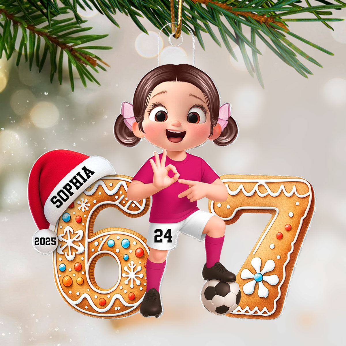 Soccer Boy Girl Christmas Pattern Custom Six Seven 67 - Personalized Acrylic Ornament - Teen Slang Funny Tree Decor, Funny Teen Grandkid Gift