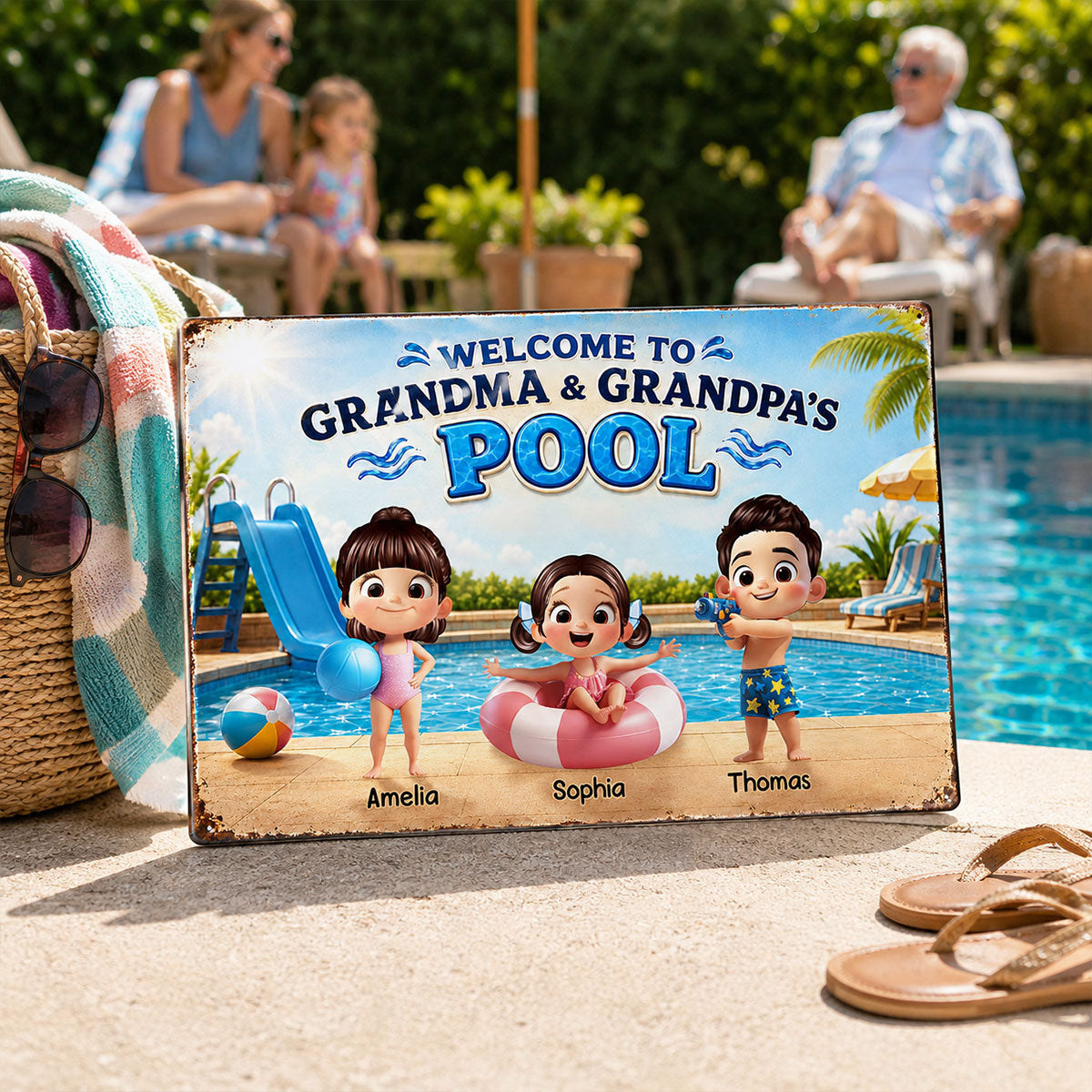Welcome to Grandma Grandpa's Pool - Personalized Metal Sign - Summer Decor Gift for Grandparents