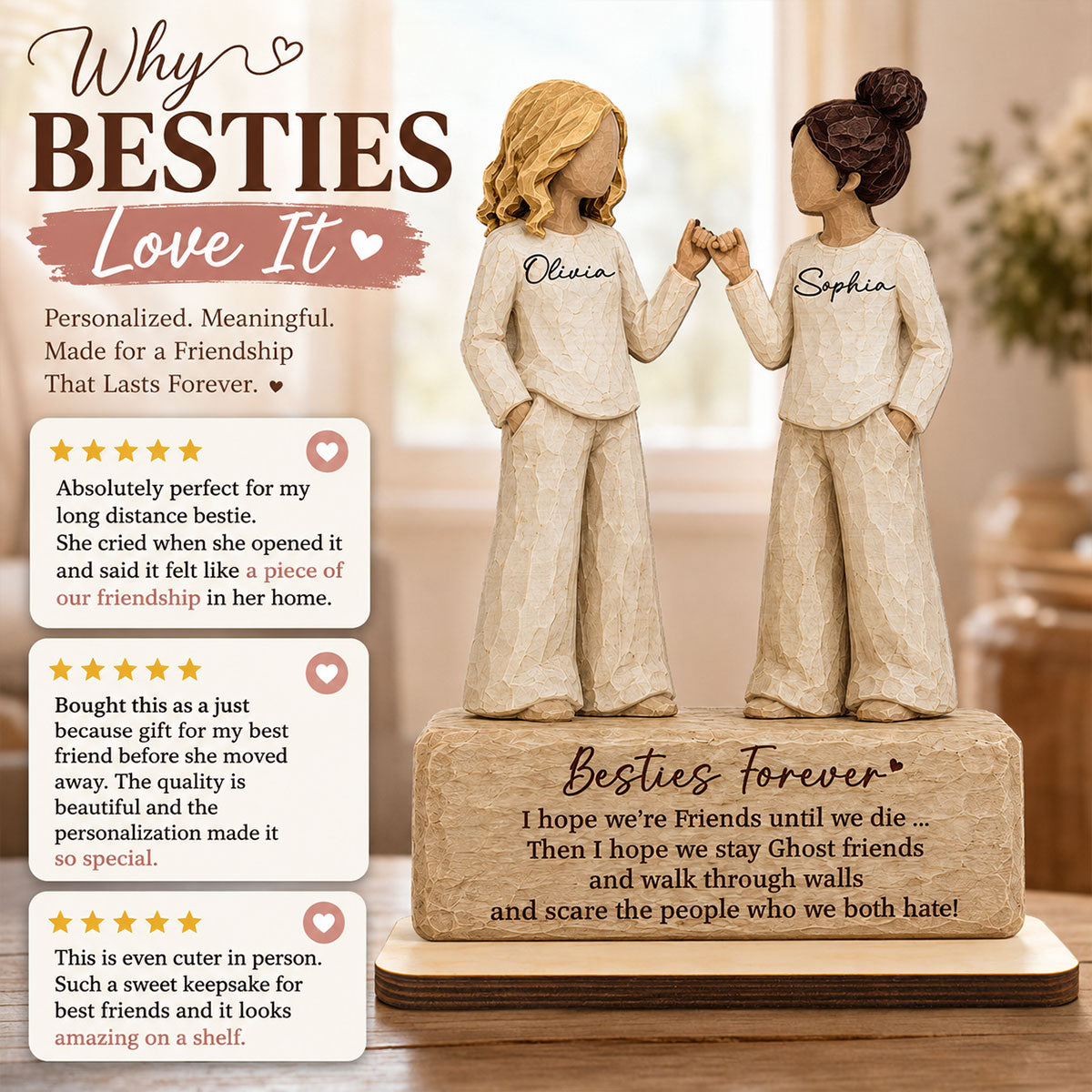 Besties Forever Pinky Promise 2D Flat - Personalized 2-Layered Wooden Plaque - Friendship Keepsake