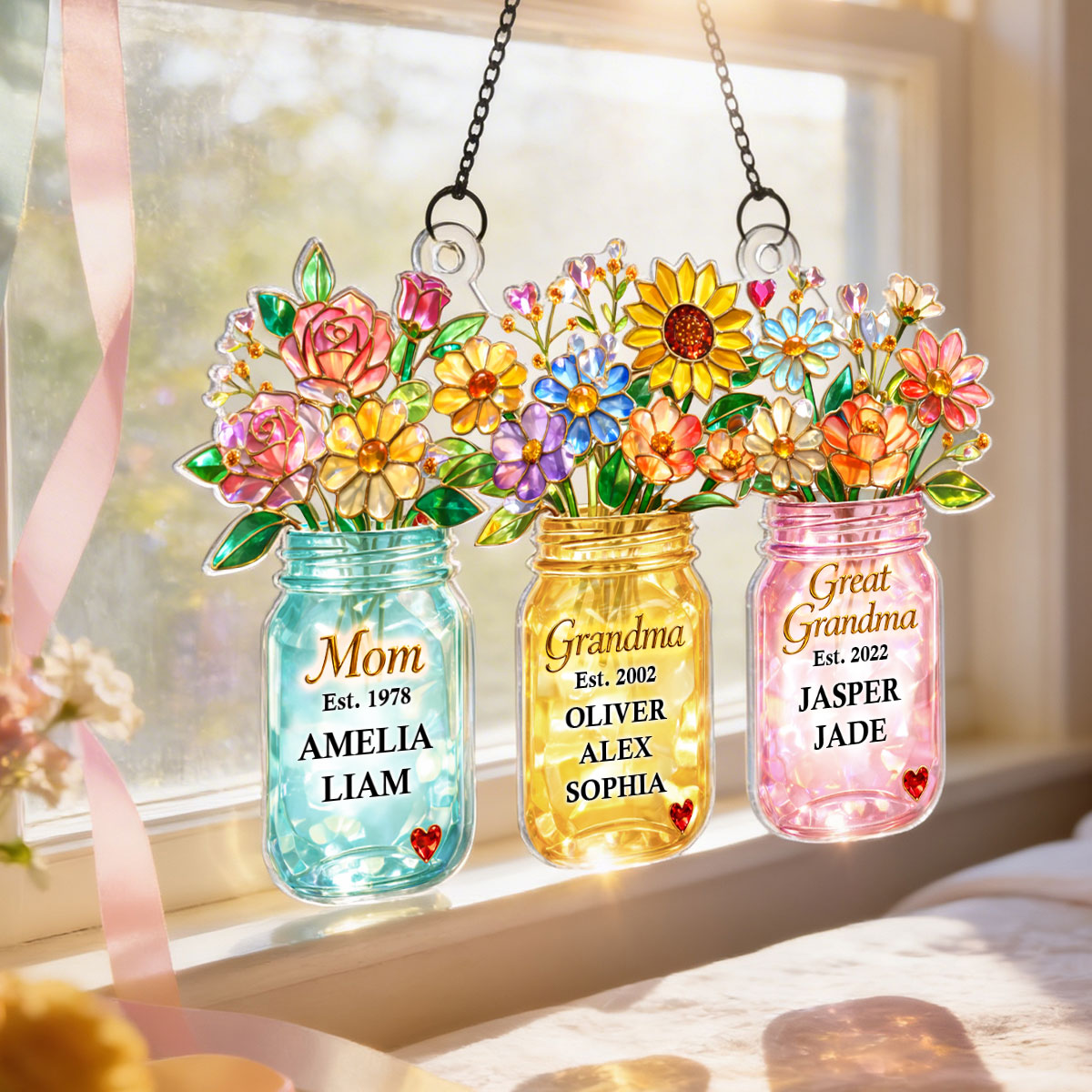 Mom Grandma Greatgrandma Flower - Personalized Suncatcher - Heartfelt Gift for Mom, Grandma