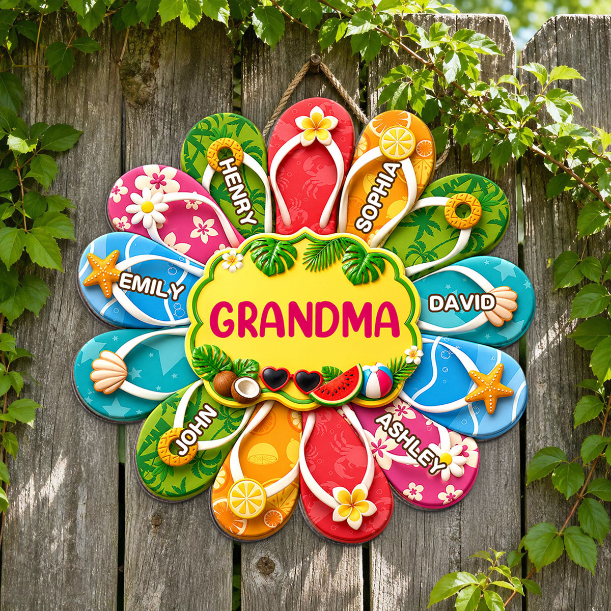 Hello Summer Grandma Flip Flop Custom Grandkids Names - Personalized Wood Sign - Summer Decoration