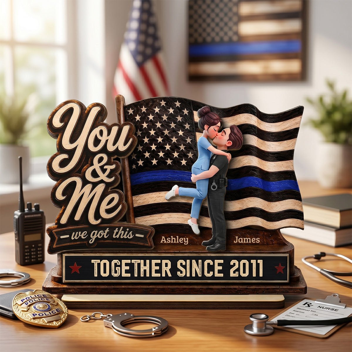 Proud Hero Couple You & Me We Got This 2D Flat - Personalized 2-Layered Wooden Plaque - Gift For Couple, For Him, For Her, Nurse, Police, Firefighter, Army