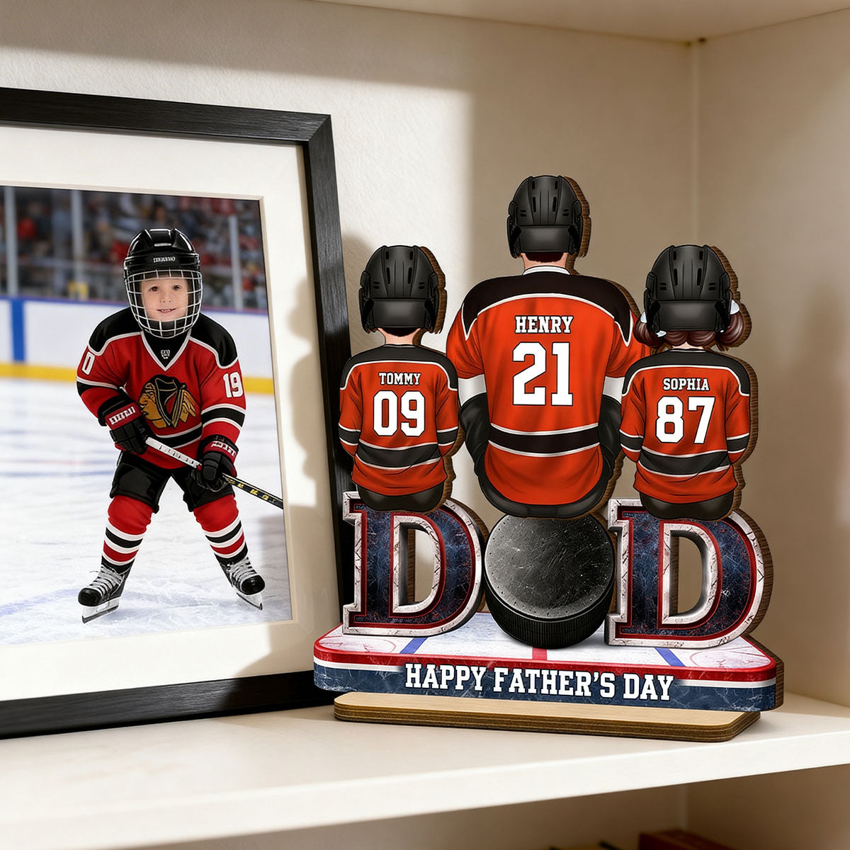 Hockey Dad And Kids Sitting Together - Personalized 2-Layered Wooden Plaque -  Gift, Gift For Hockey Dad, Gift For Husband