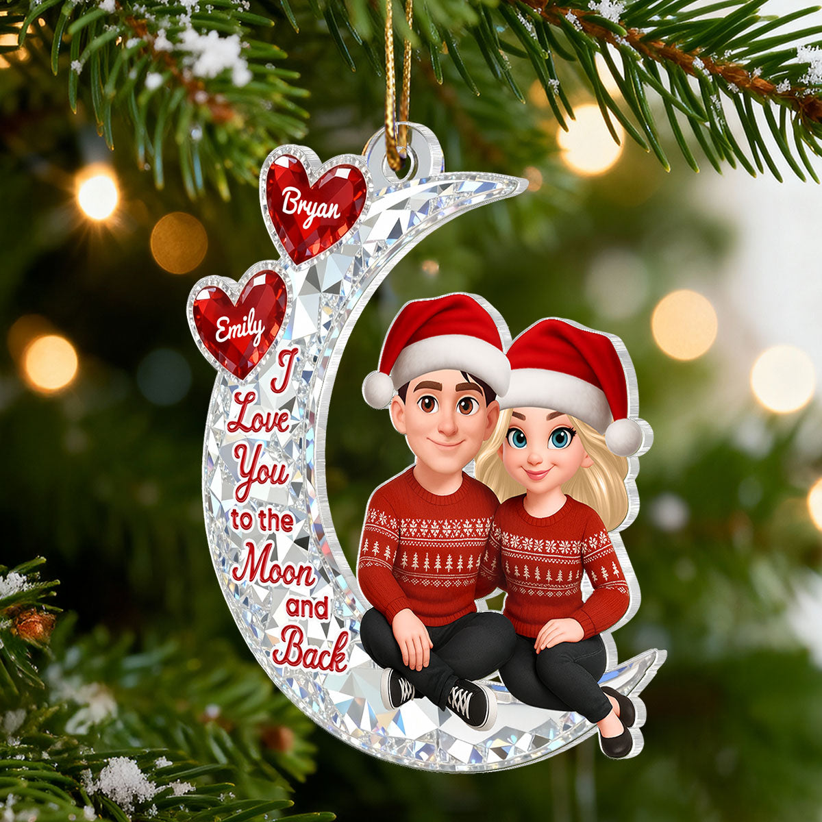 3D Effect Flat Couple Sitting On Moon - Personalized Acrylic Ornament - Heartfelt Gift For Couple, Gift For Him, For Her