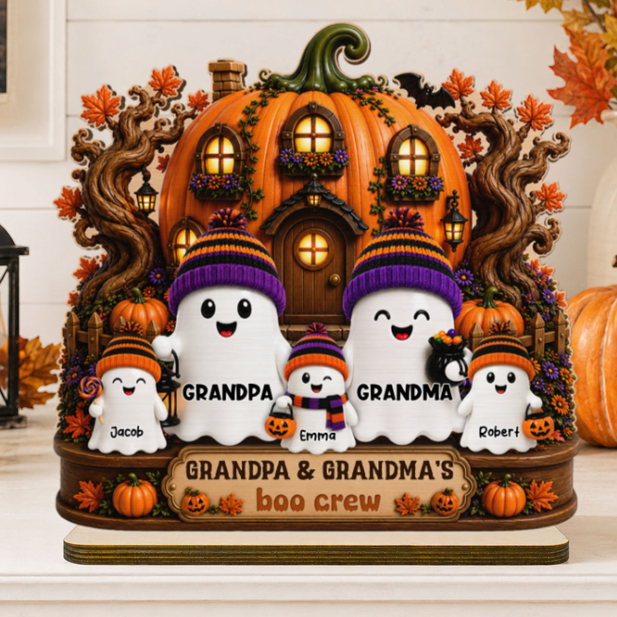 Whimsical Pumpkins House Halloween Grandma Grandpa's Boo Crew - Personalized 2-Layered Wooden Plaque - Halloween Decor For Grandparents