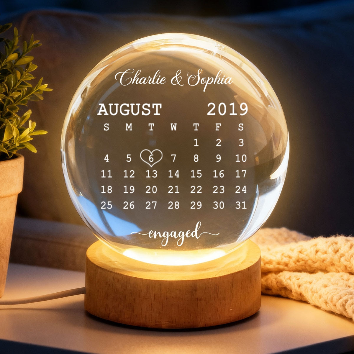 Calendar Engagement Couple - Personalized Crystal Ball LED Night Light - Anniversary, Valentine's Day Gift, Gift For Him, Gift For Her