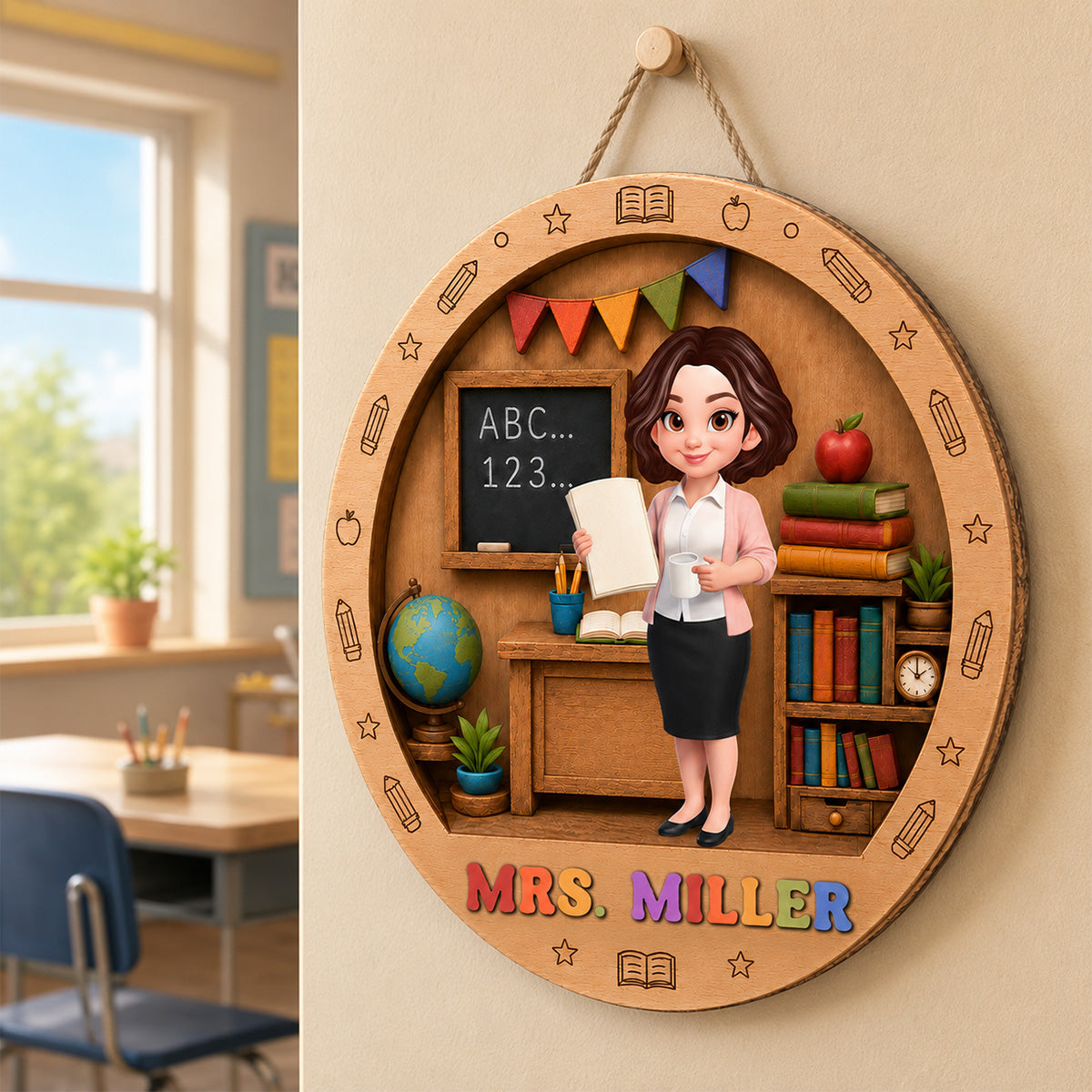 Teacher In Classroom 3D Design - Personalized 2-Layered Wood Sign - Back To School Gift For Teacher
