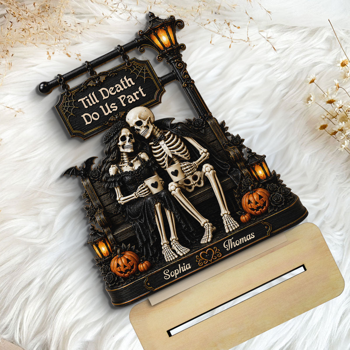 Till Death Do Us Part Skeleton Couple Under Lamp Post 2D Flat - Personalized 2-Layered Wooden Plaque - Halloween Decor For Couple