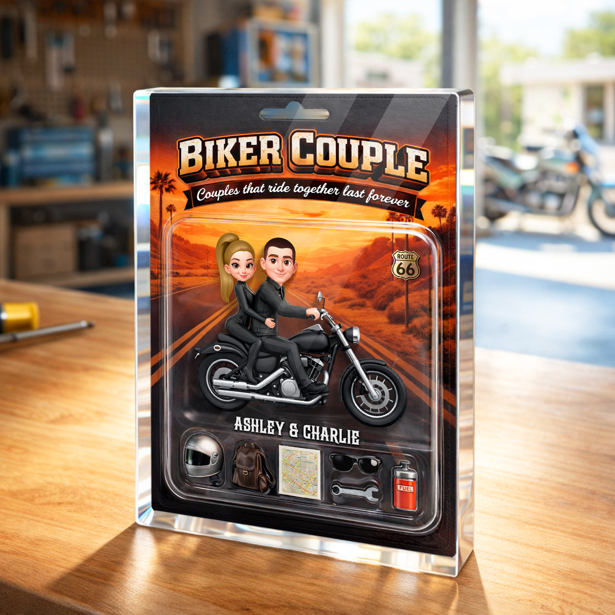 Couples That Ride Together Last Forever Sunset, Custom Action Figure Biker Couple - Personalized Acrylic Block Plaque - Heartfelt Gift for Him, for Her