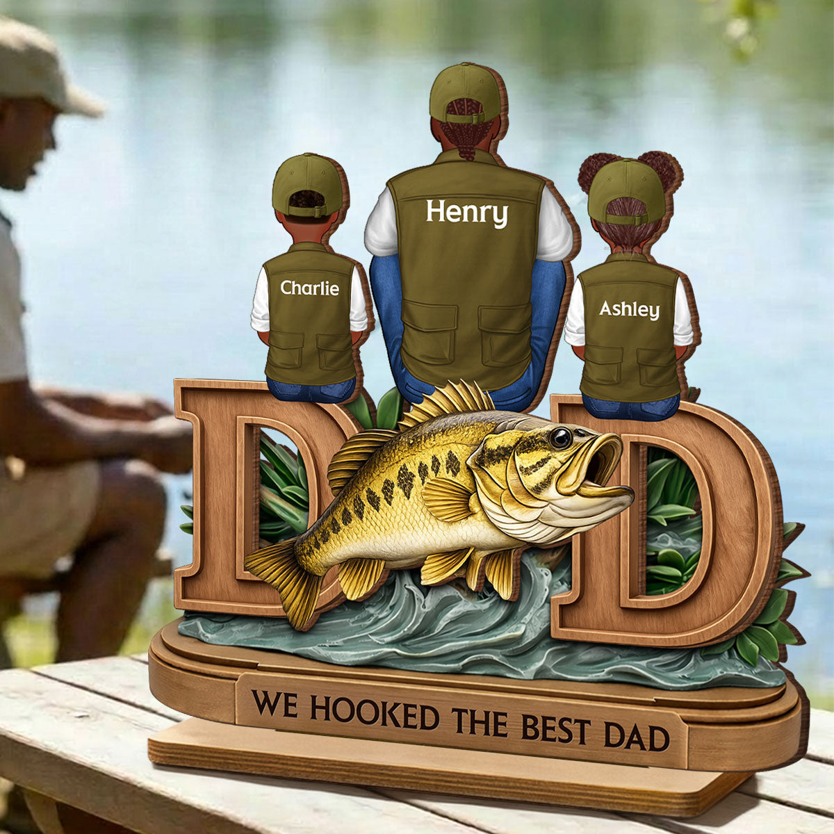 Fishing Dad And Kids Sitting Together - Personalized 2-Layered Wooden Plaque - Heartfelt Gift For Dad, Gift For Husband
