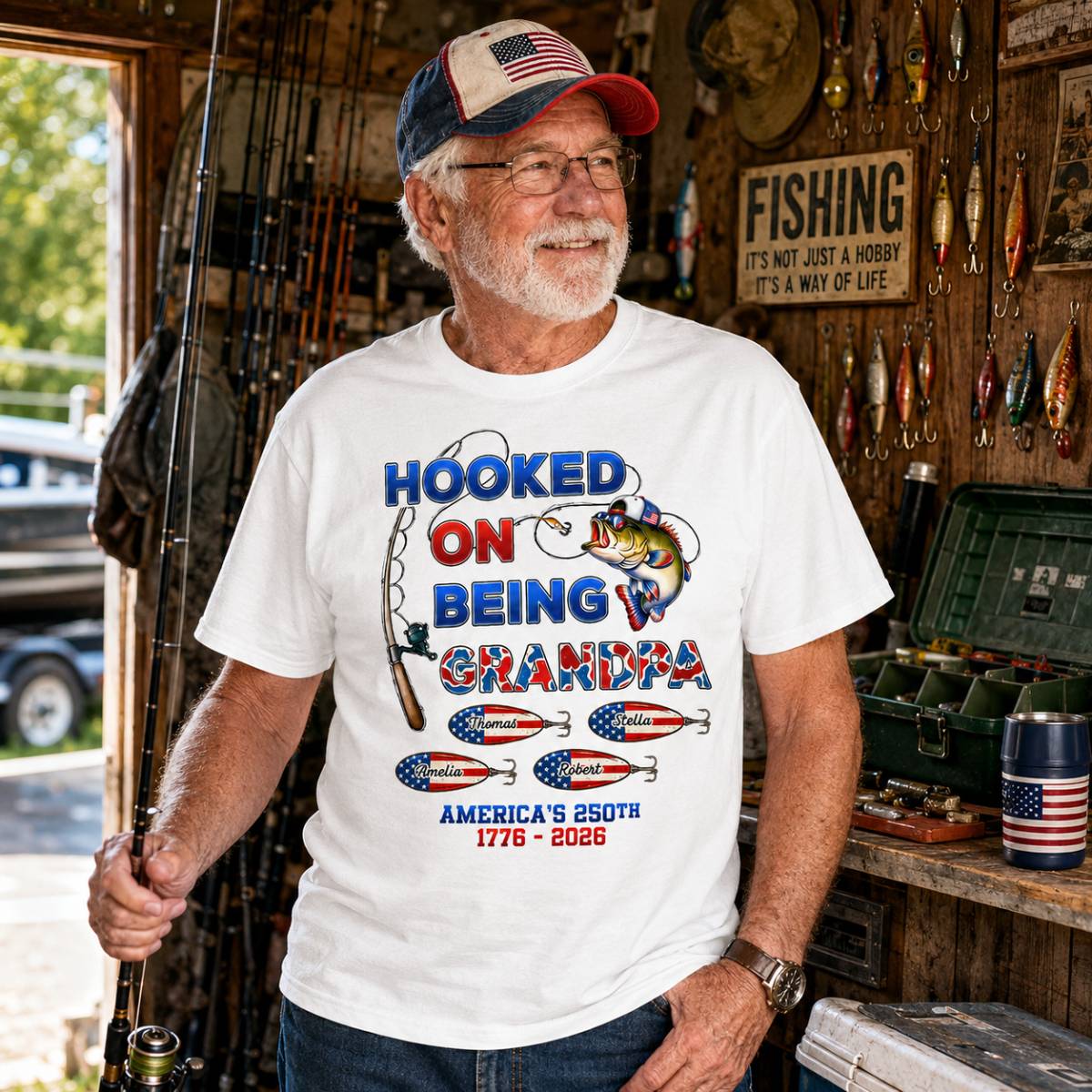 Fishing Grandpa Hooked On Freedom America 250th Anniversary - Personalized Shirt - Gift For Grandpa, 250 Years Of Freedom