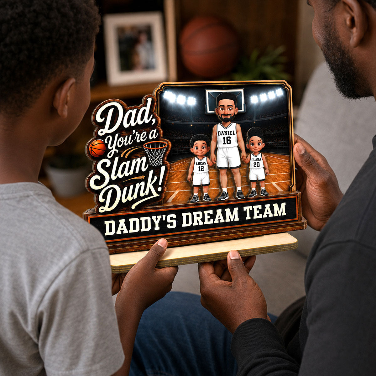 Dad You Are A Slam Dunk Basketball Man & Kids 2D Flat - Personalized 2-Layered Wooden Plaque -  Gift For Basketball Dad
