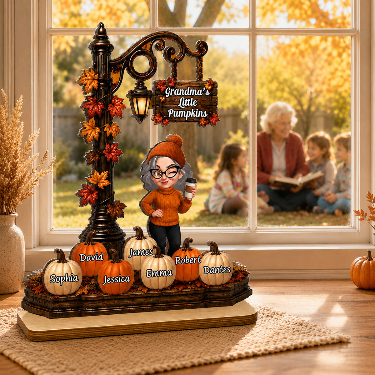 Grandma's Little Pumpkins Lamp Post - Personalized 2-Layered Wooden Plaque - Fall Season Decor Gift, Gift For Grandma