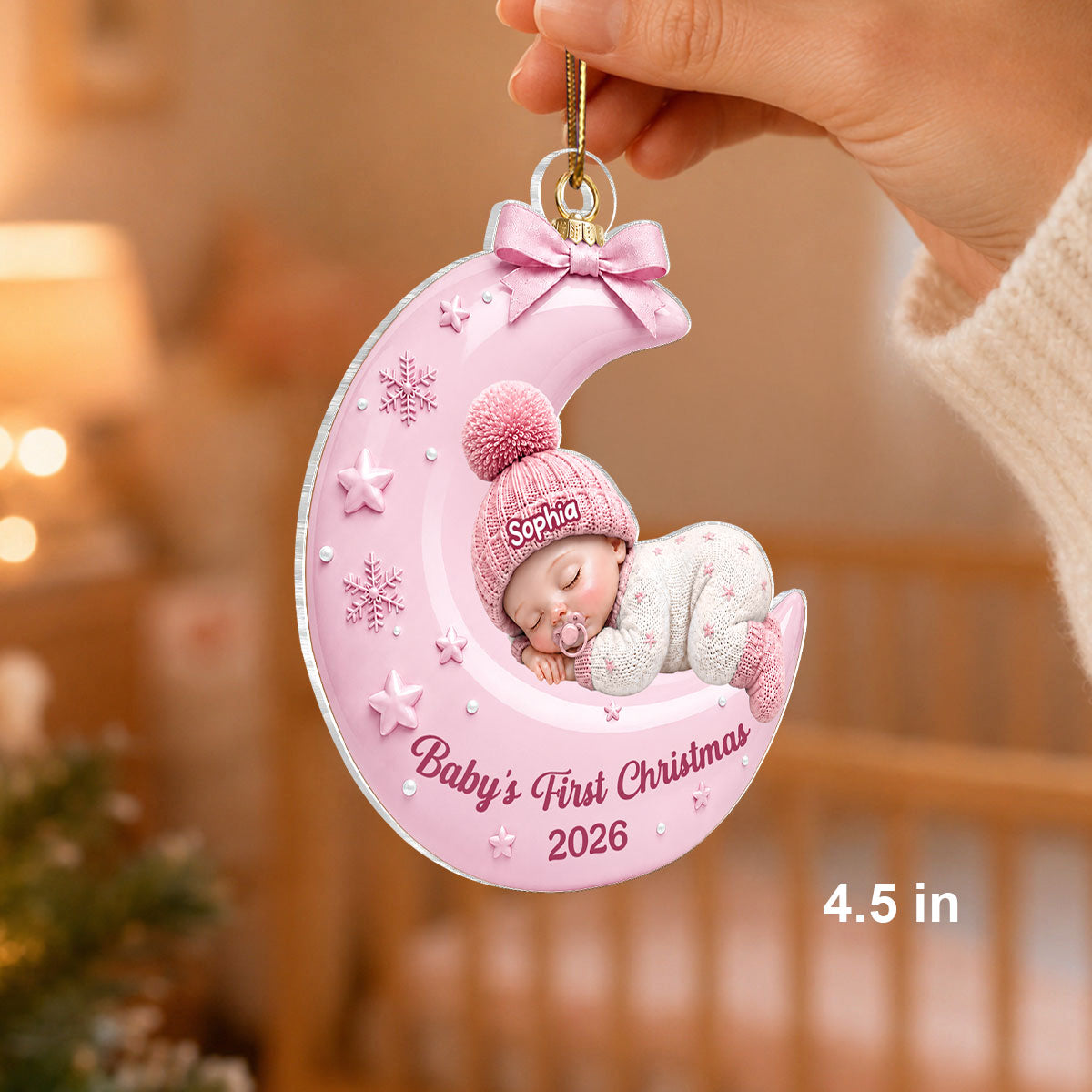 Pastel Pink Baby On Moon - Personalized Acrylic Ornament - Unique Christmas Gift For New Parent, Newborn Keepsake