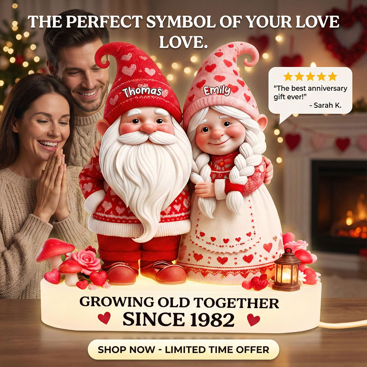 Eternal Love Nostalgia Valentine Gnome Couple Growing Old Together - Personalized Light Box - Heartfelt Valentine's Day Gift, Anniversary Gift For Couple, For Him, For Her