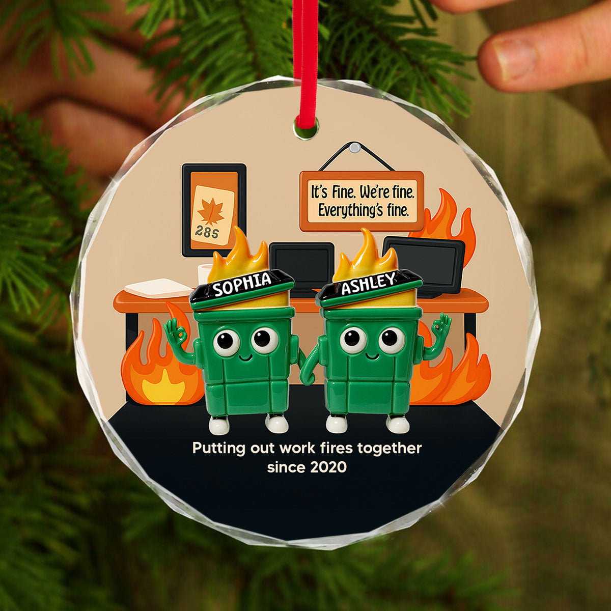 3D Effect Dumpster Fires In Office Scene - Personalized Glass Ornament - Funny Gift For Colleagues, Work Besties