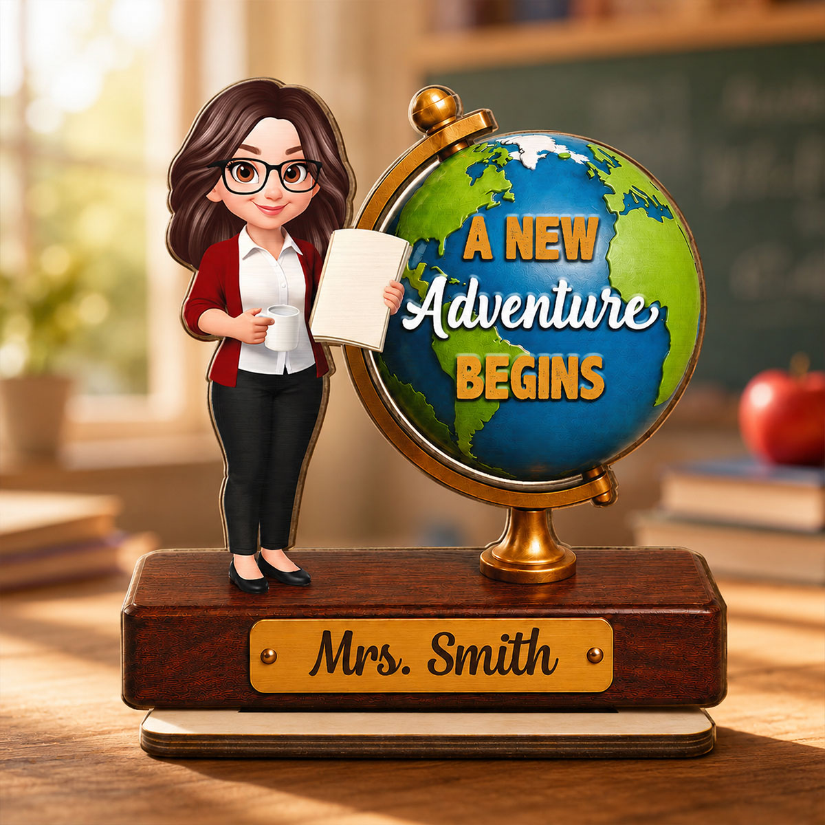 Teacher Globe New Adventure 2D Flat - Personalized Wooden Plaque - Back To School Gift