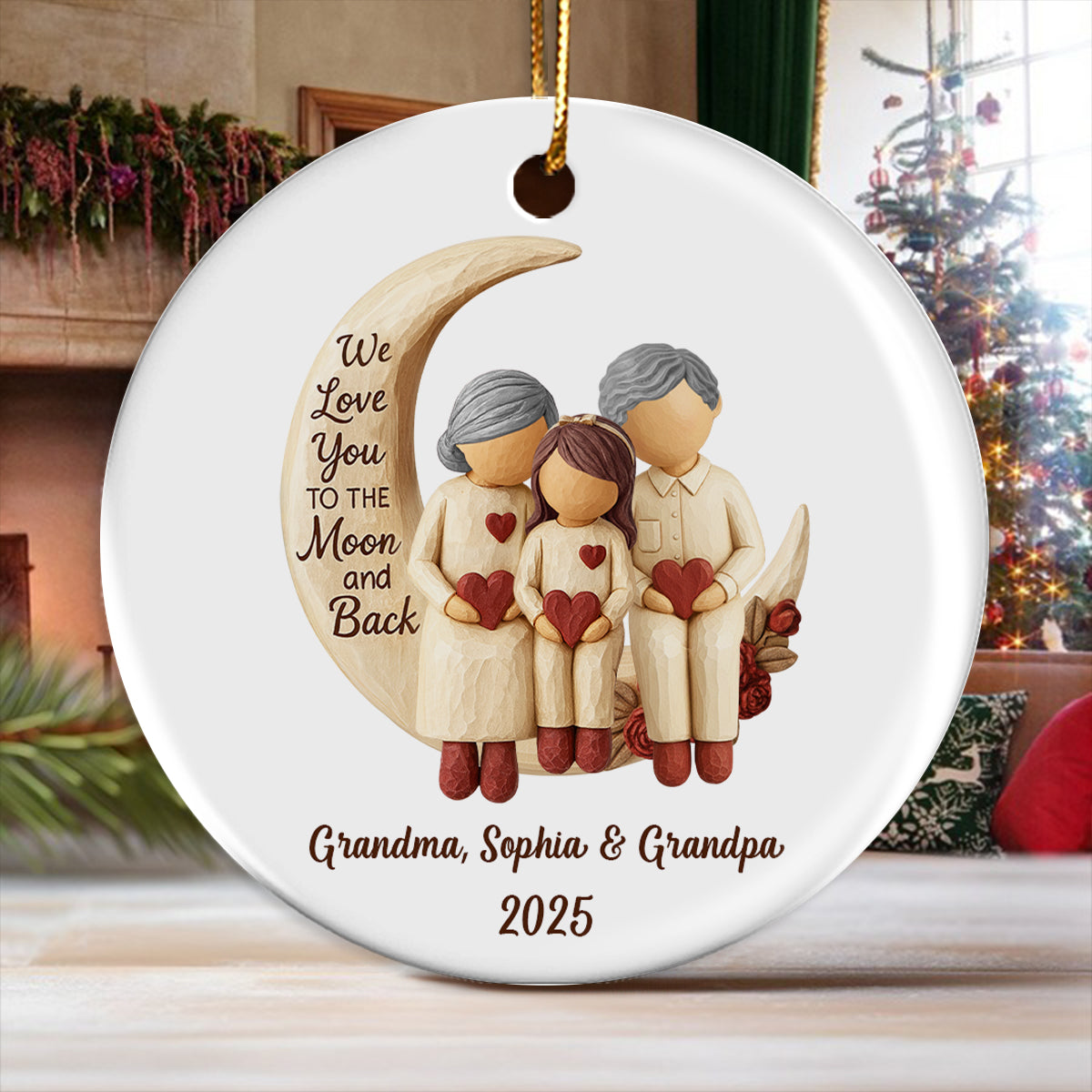 Grandma Grandpa Love You to the Moon & Back - Personalized Ceramic Ornament - Christmas Gift for Grandparents, Granchildren