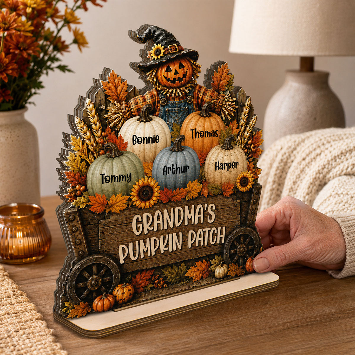 Grandma's Pumpkin Patch Scarecrow Pumpkins On Wagon 2D Flat - Personalized 2-Layered Wooden Plaque - Rustic Fall Decor