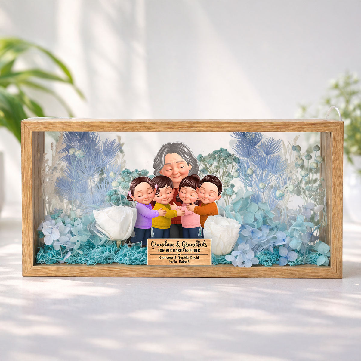Grandma And Grandkids Forever Linked Together - Personalized DIY Flower Shadow Box LED Night Light - Gift For Grandma