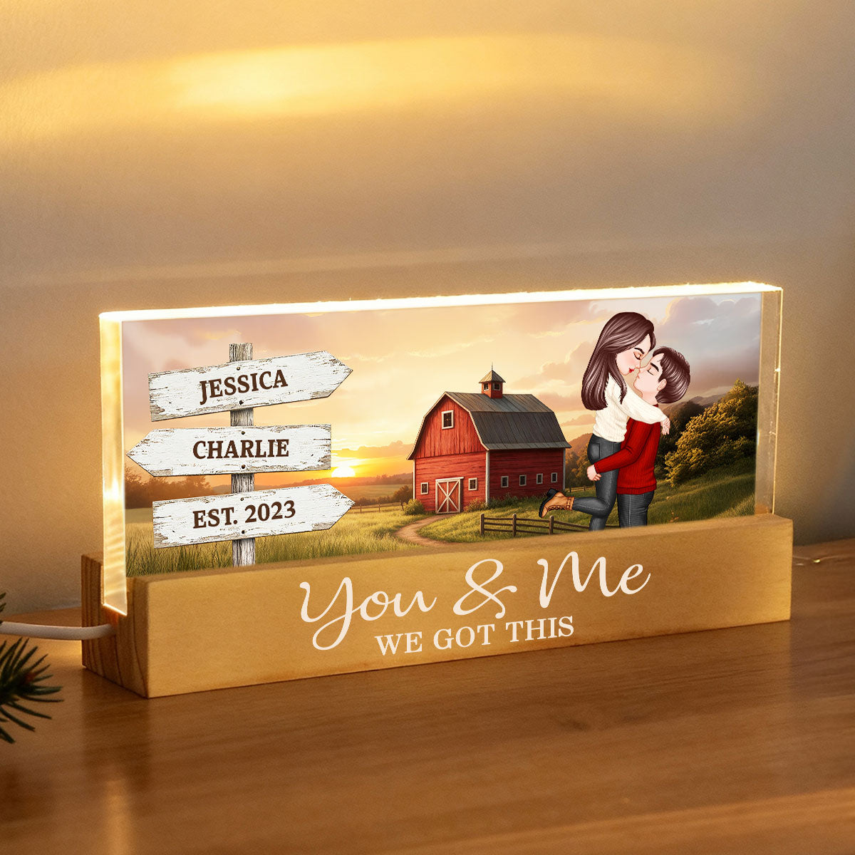 Rustic Nostalgia Red Barn House Sign Posts Couple Hugging Kissing Farmhouse Decor - Personalized Acrylic Block Plaque LED Night Light - Heartfelt Valentine, Anniversary Gift For Him, For Her
