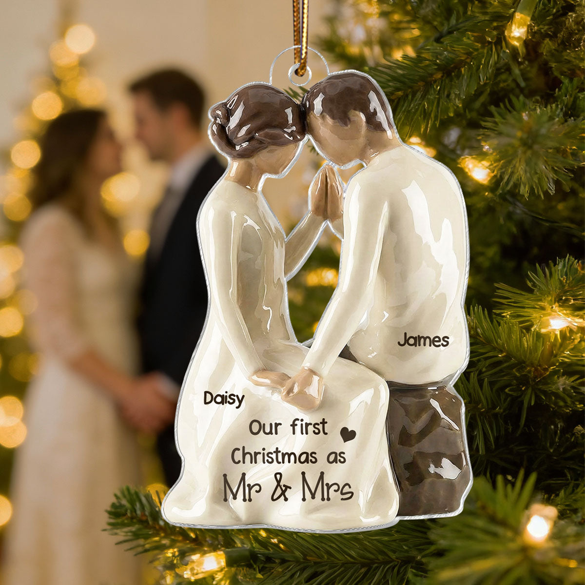3D Effect Couple Sitting Side By Side - Personalized Acrylic Ornament - Newlyweds Couple Keepsake
