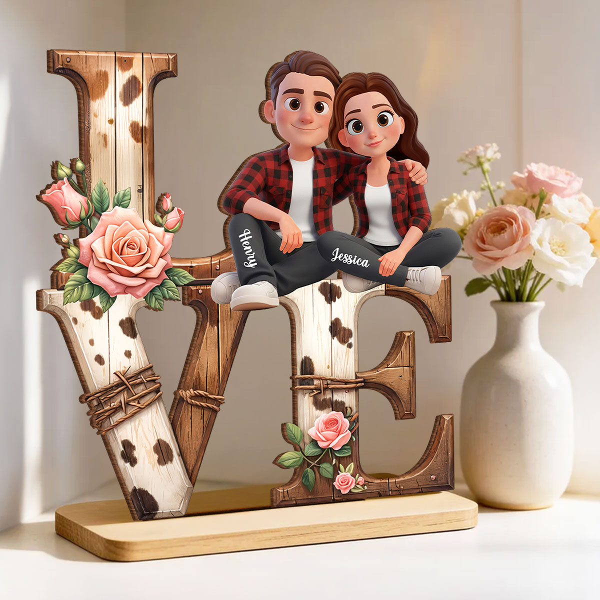 Couple Valentine Highland Cow - Personalized 2-Layered Wooden Plaque - Anniversary, Valentine's Day Gift, Gift For Him, Gift For Her