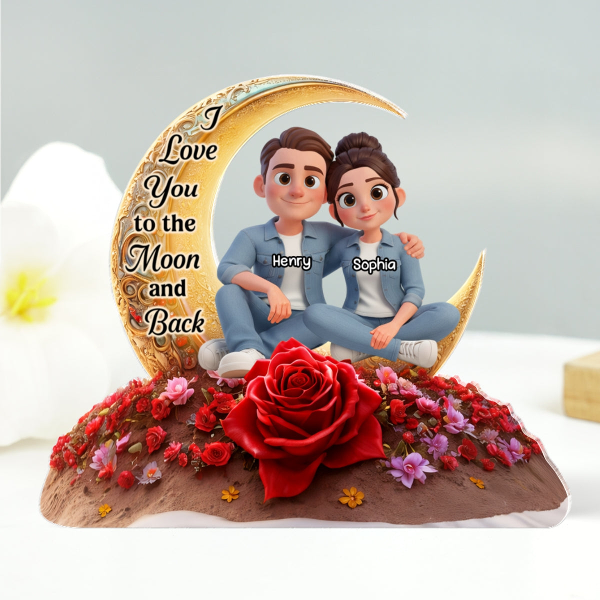 I Love You To The Moon And Back Moon Rose - Personalized Acrylic Block Plaque - Anniversary, Valentine's Day Gift, Gift For Him, Gift For Her