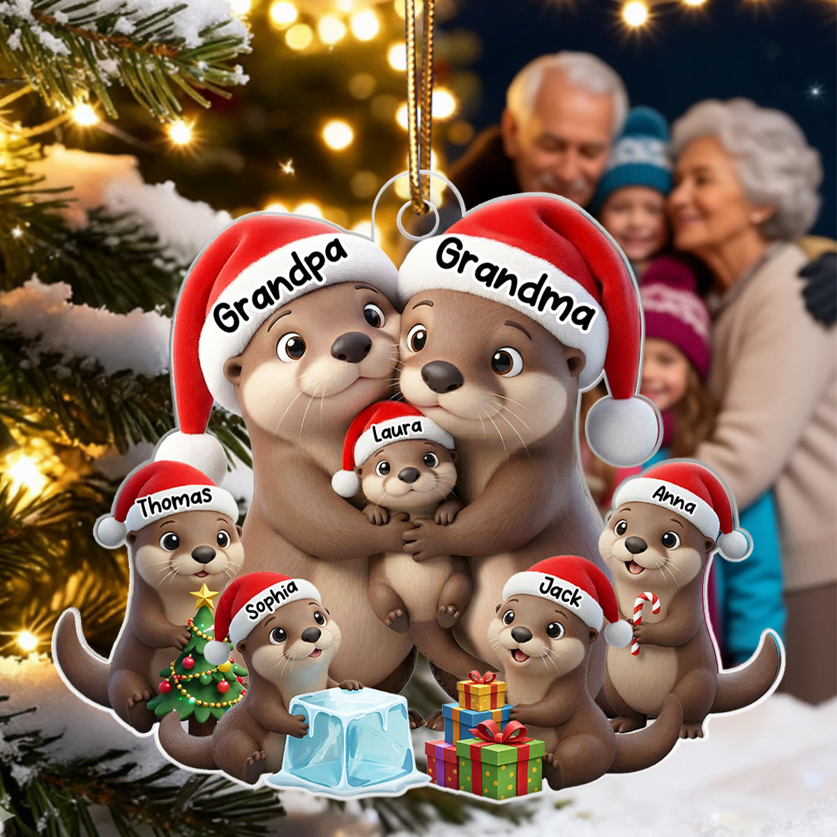 Otter Grandma Grandpa And Grandkids - Personalized Acrylic Ornament - Heartwarming Christmas Gift For Grandma, Grandpa, Family