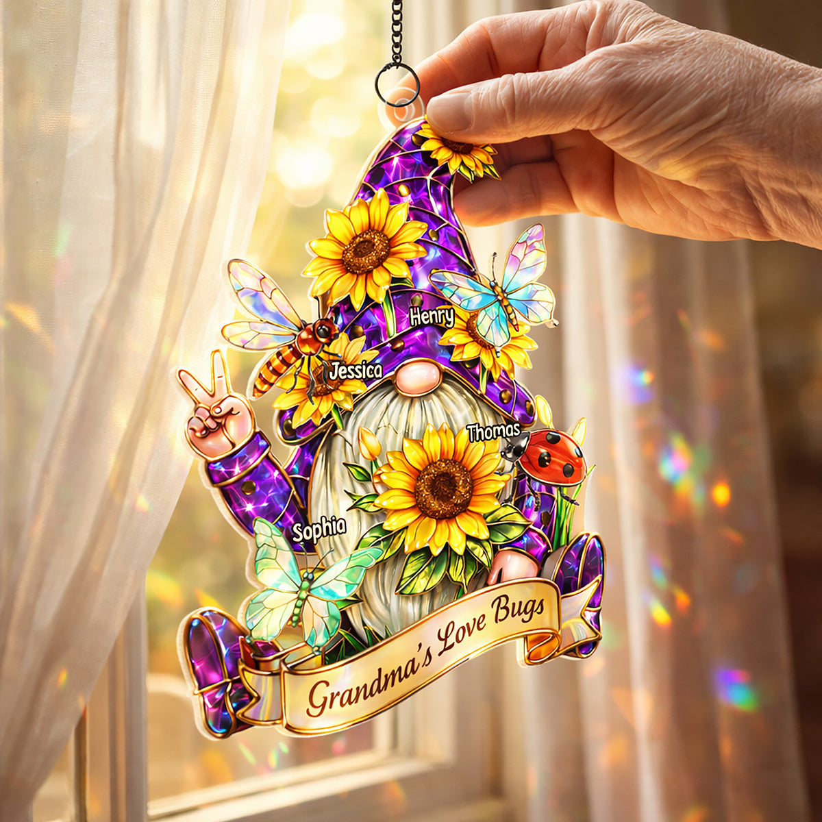 Grandma Love's Bugs Gnome - Personalized Suncatcher Ornament - Heartfelt Mother's Day Gift for Grandma