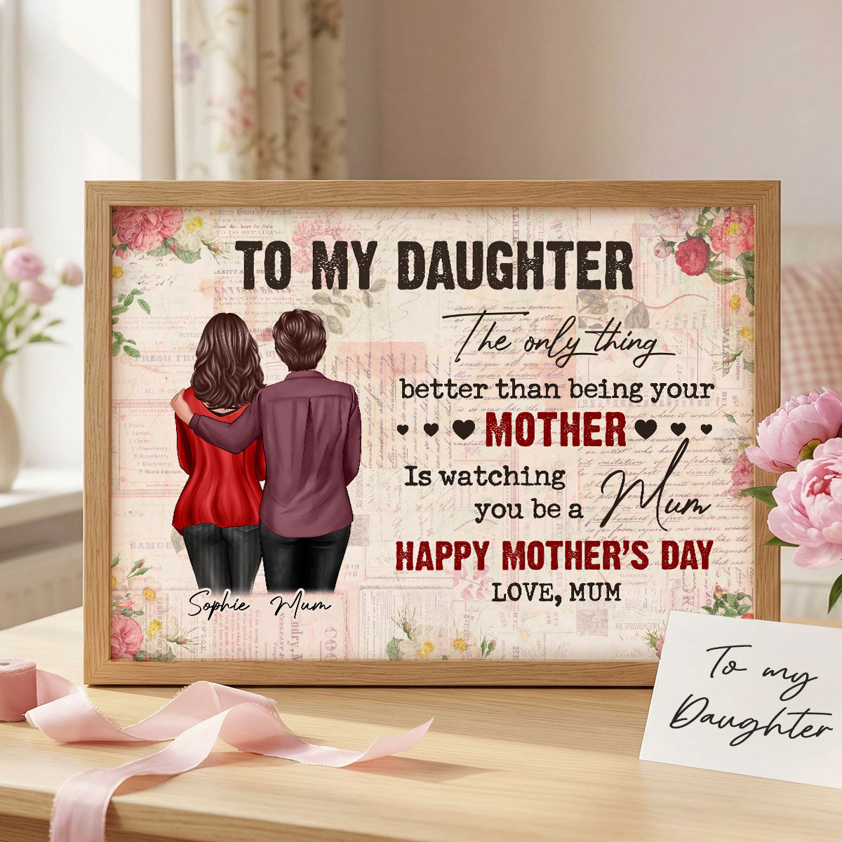 To My Daughter From Mum Vintage Floral Newspaper - Personalised Poster - UK Mother's Day