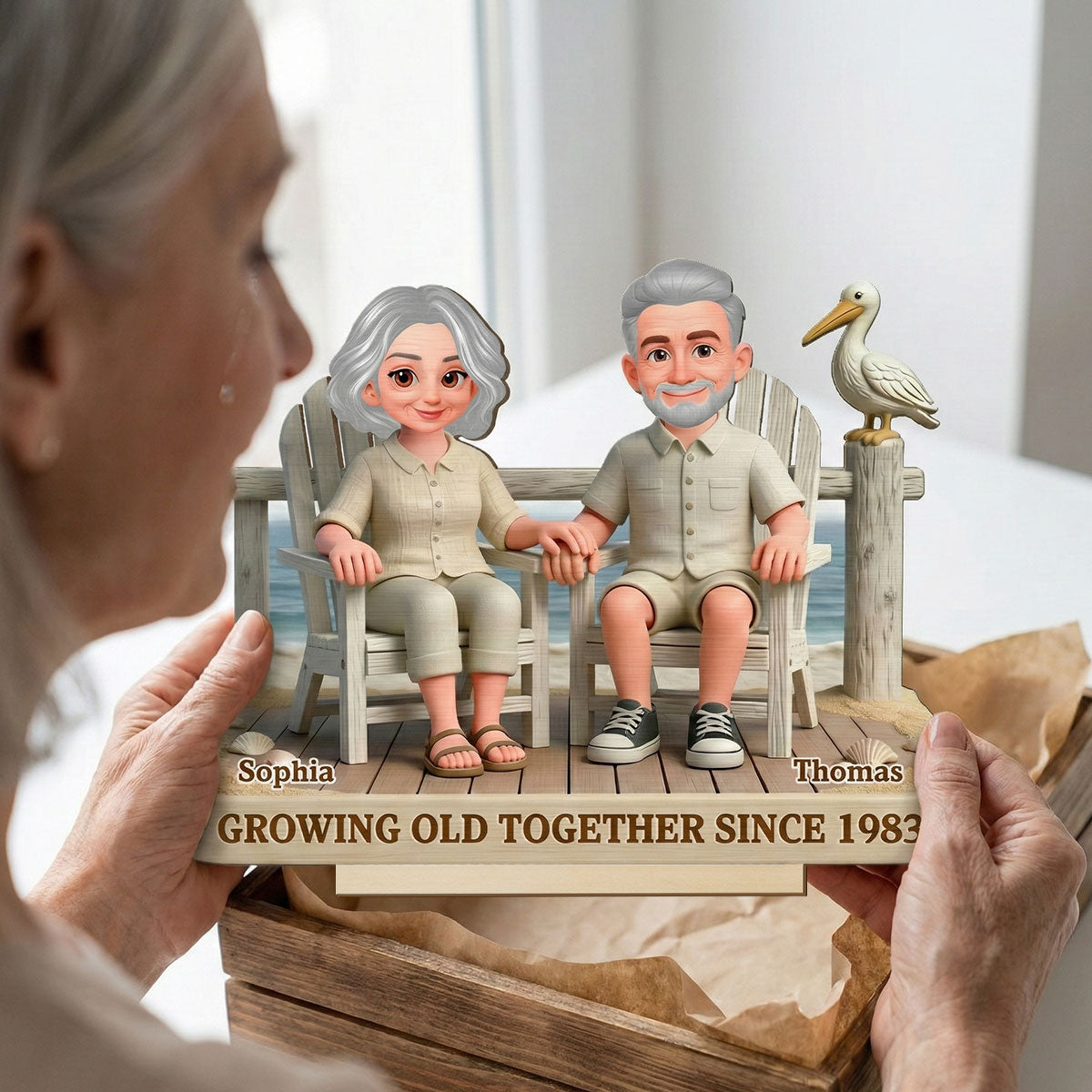Eternal Love Couple On The Beach Growing Old Together - Personalized 2-Layer Wooden Plaque - Gift For Couple, Gift For Him, For Her