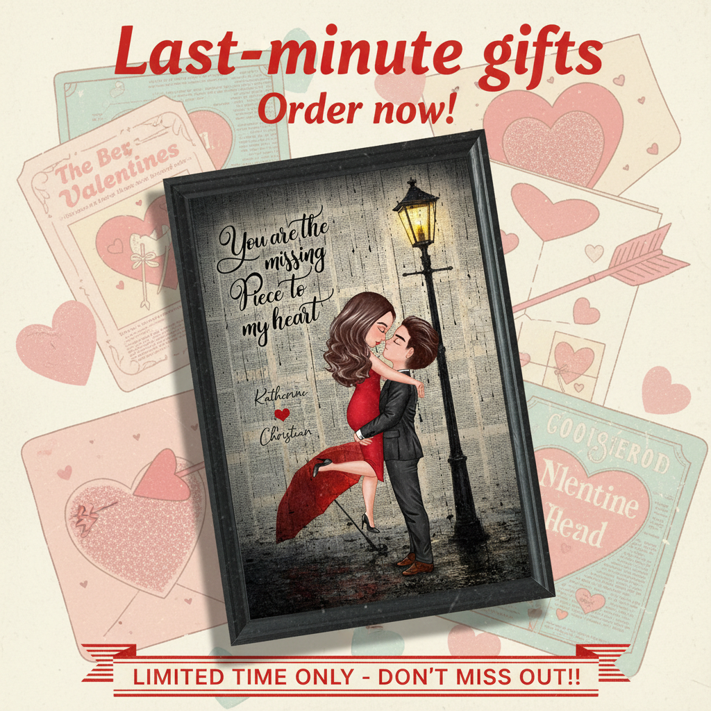 Vintage Newspaper Couple Hugging Kissing Under Lamp Post - Personalized Poster