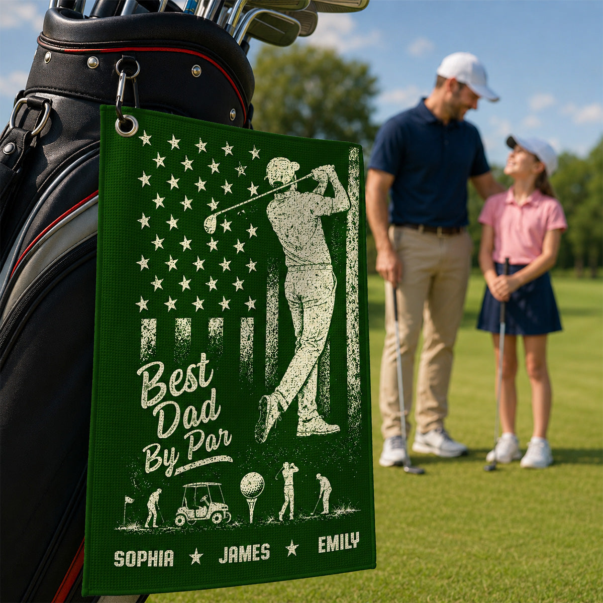 Best Dad Grandpa By Par Nation Flag Kid Custom Name - Personalized Golf Towel - Father's Day Gift For Golfers