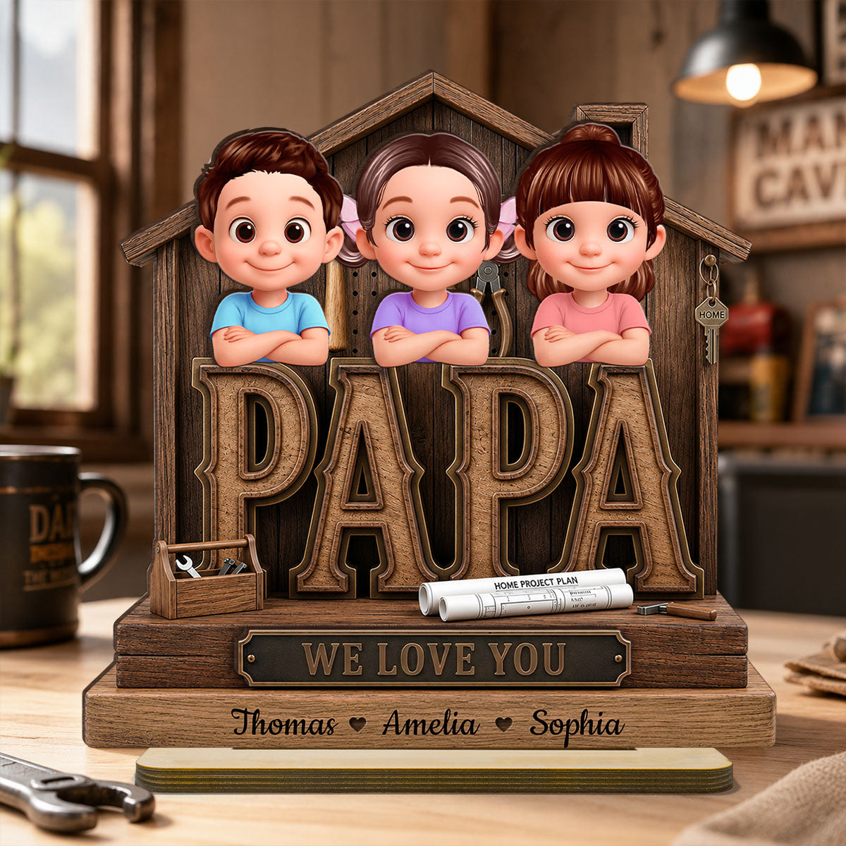 Papa Home Tools We Love You - Personalized 2-Layered Wooden Plaque -  Gift for Grandpa, Dad