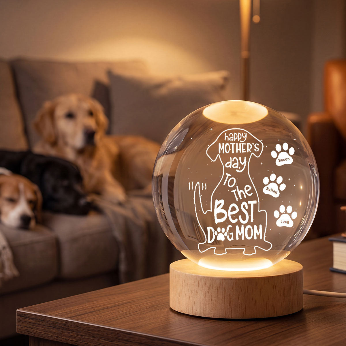 Happy Mother's Day Dog Mom - Personalized Crystal Ball LED Night Light - Heartfelt Mother's Day Gift for Wife