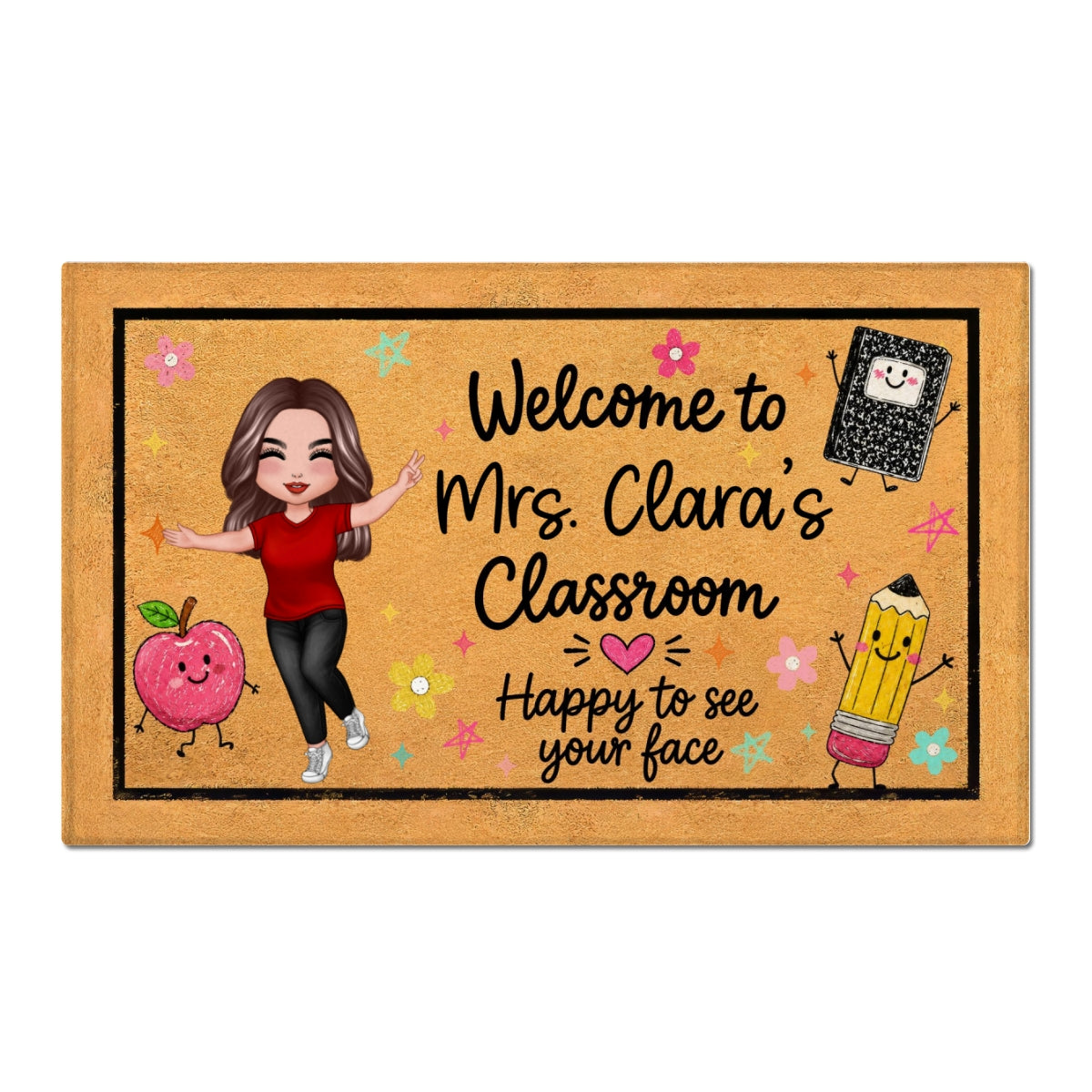 Happy To See Your Face Happy Teacher - Personalized Doormat - Classroom Students Welcome Decor
