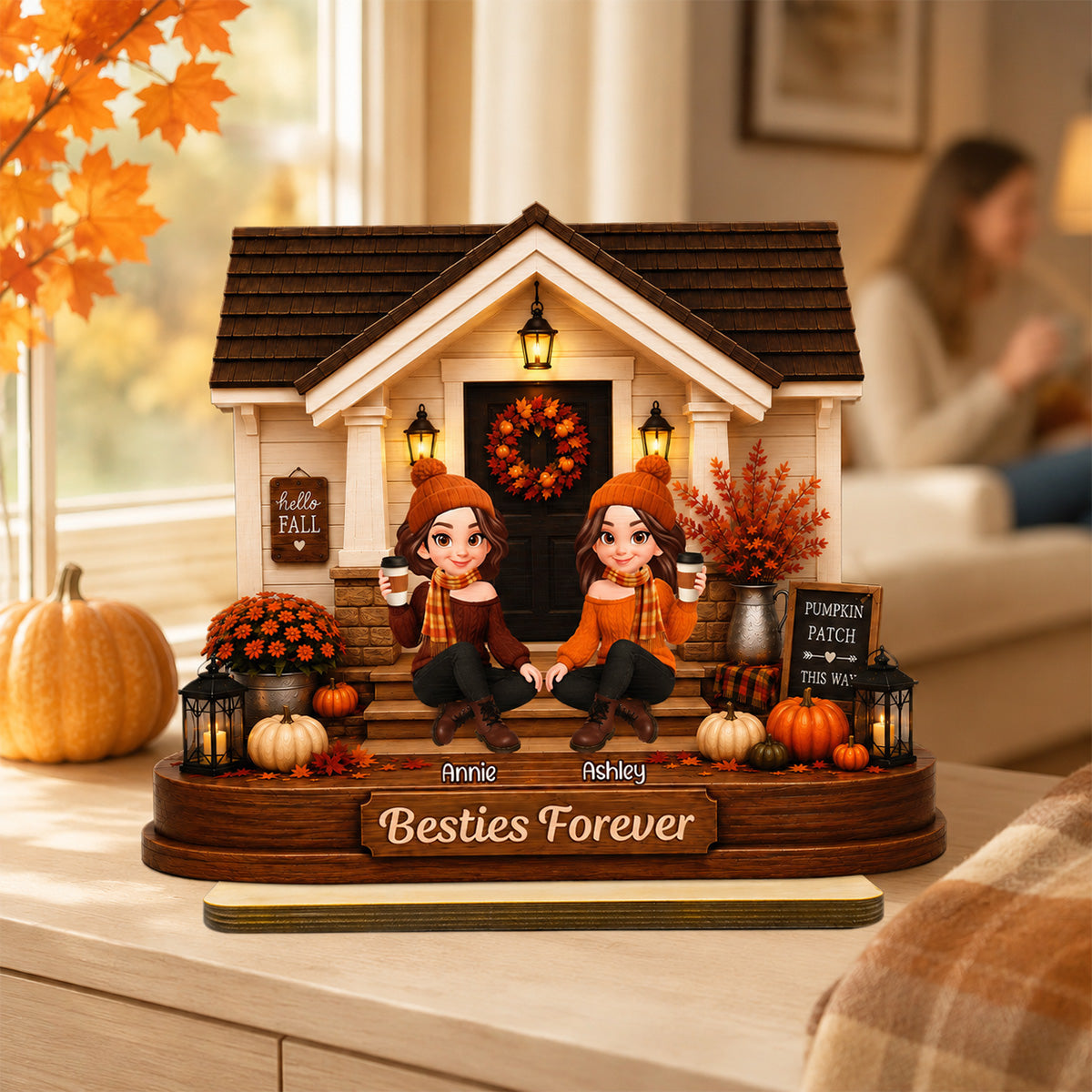 Front Porch Besties Sisters Fall Season 2D Flat - Personalized Wooden Plaque