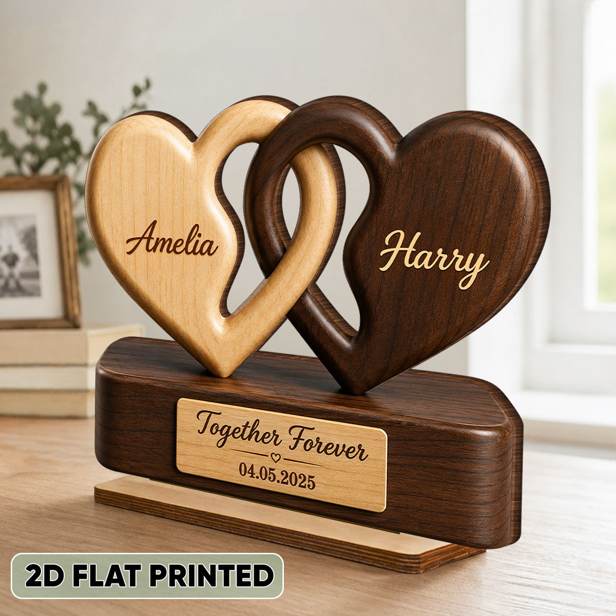 Interlocking Hearts Romantic Couple Anniversary - Personalized 2-Layered Wooden Plaque - Anniversary Gift, Gift For Couple