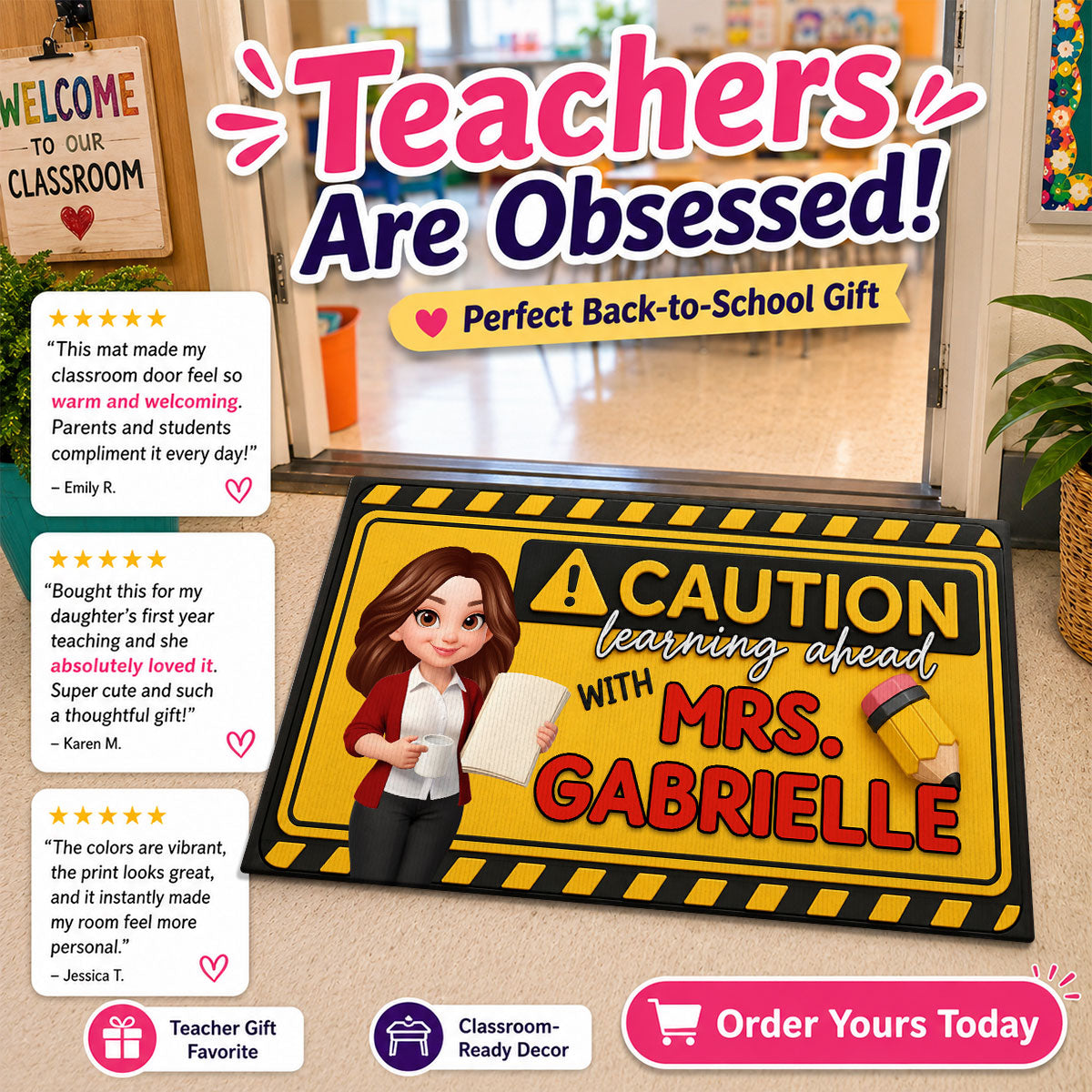 Caution Learning Ahead With Teacher - Personalized Doormat - Back To School Gift For Teachers, Classroom Decors