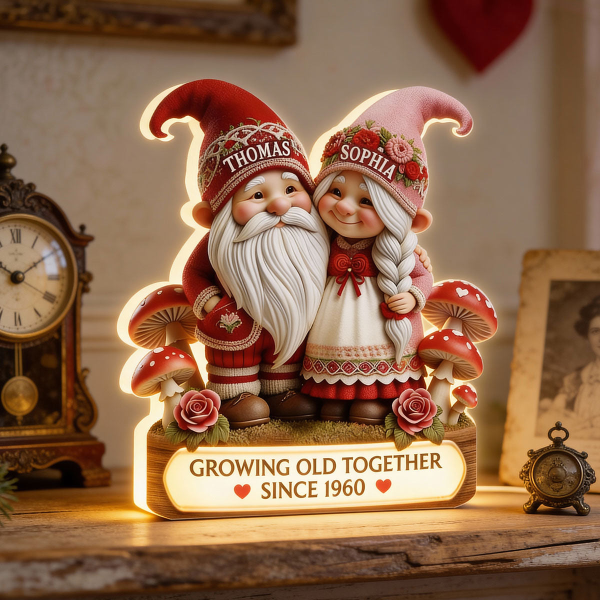 3D Effect Gnome Couple Growing Old Together - Personalized Light Box - Heartfelt Valentine's Day Gift, Anniversary Gift For Couple, For Him, For Her