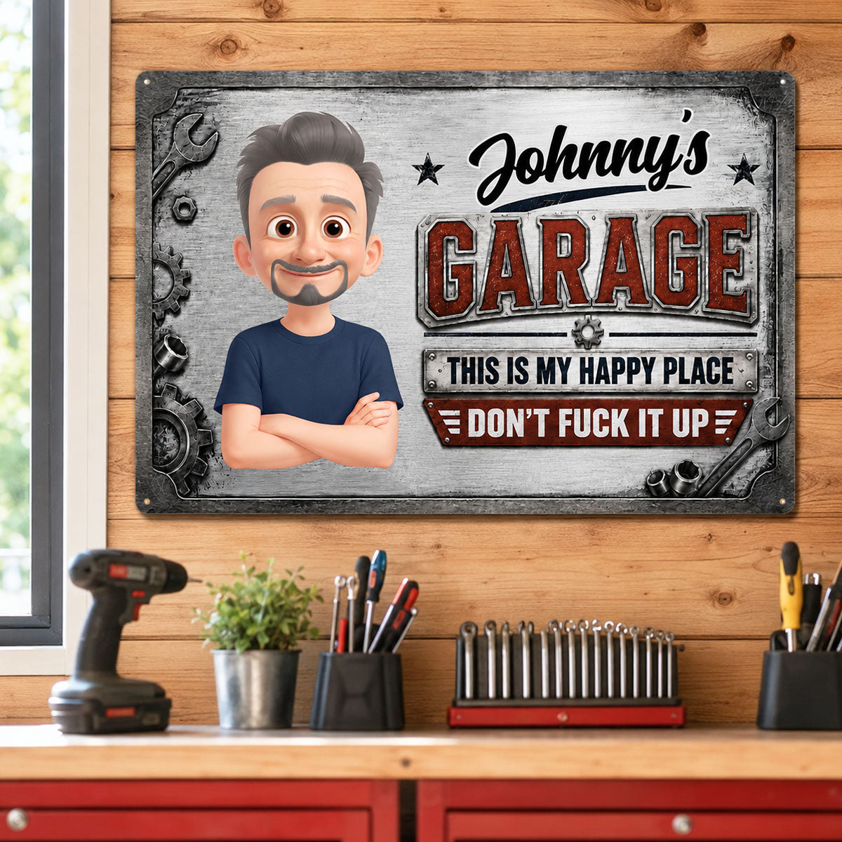 Garage This Is My Happy Place - Personalized Metal Sign - Funny Sarcasm Gift For Man, Dad, Husband, Handyman, Mechanic, Workshop, Man Cave Decor