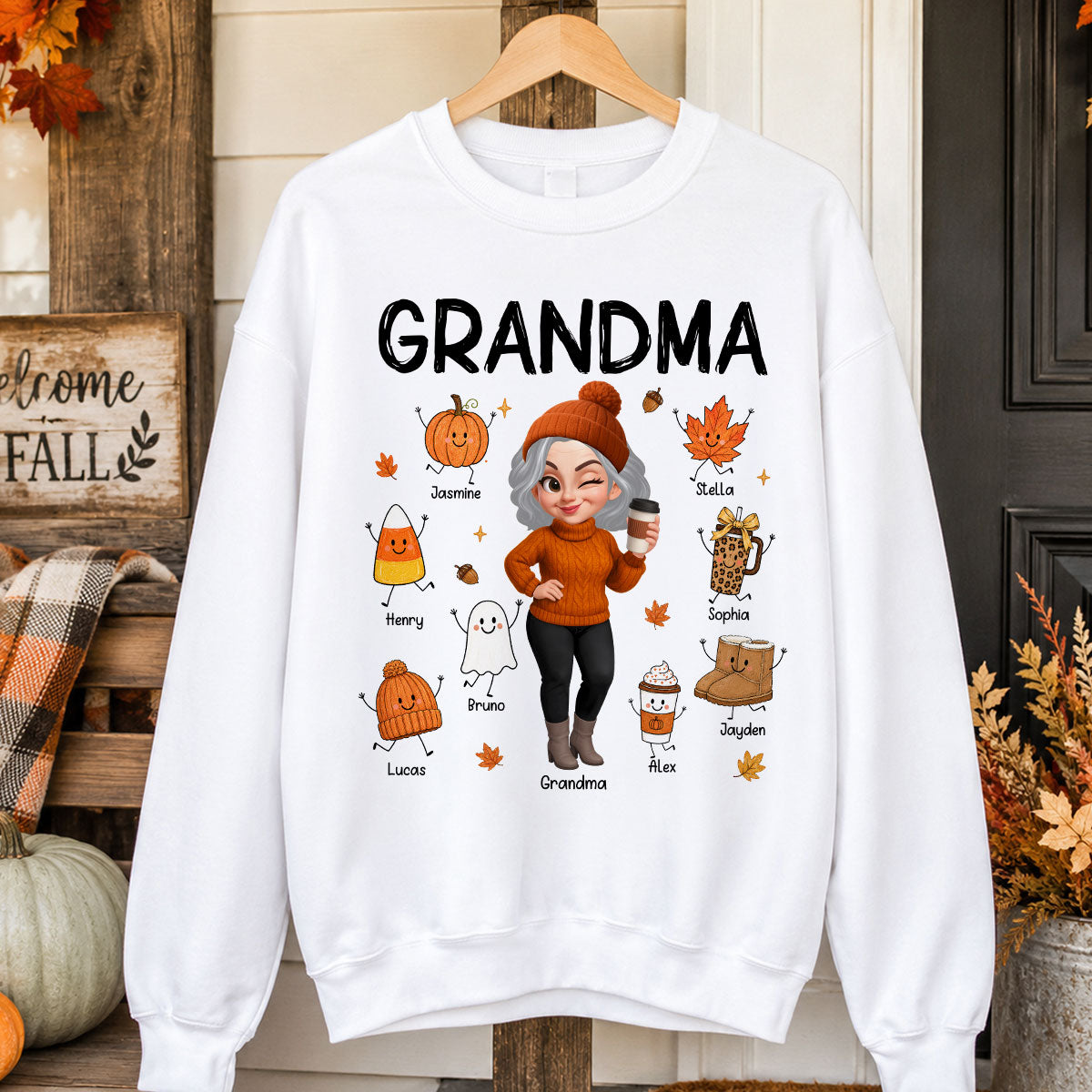 Fall Season Grandma Custom Grandkids Doodle Fall Symbols - Personalized Shirt - Fall Gift For Grandma