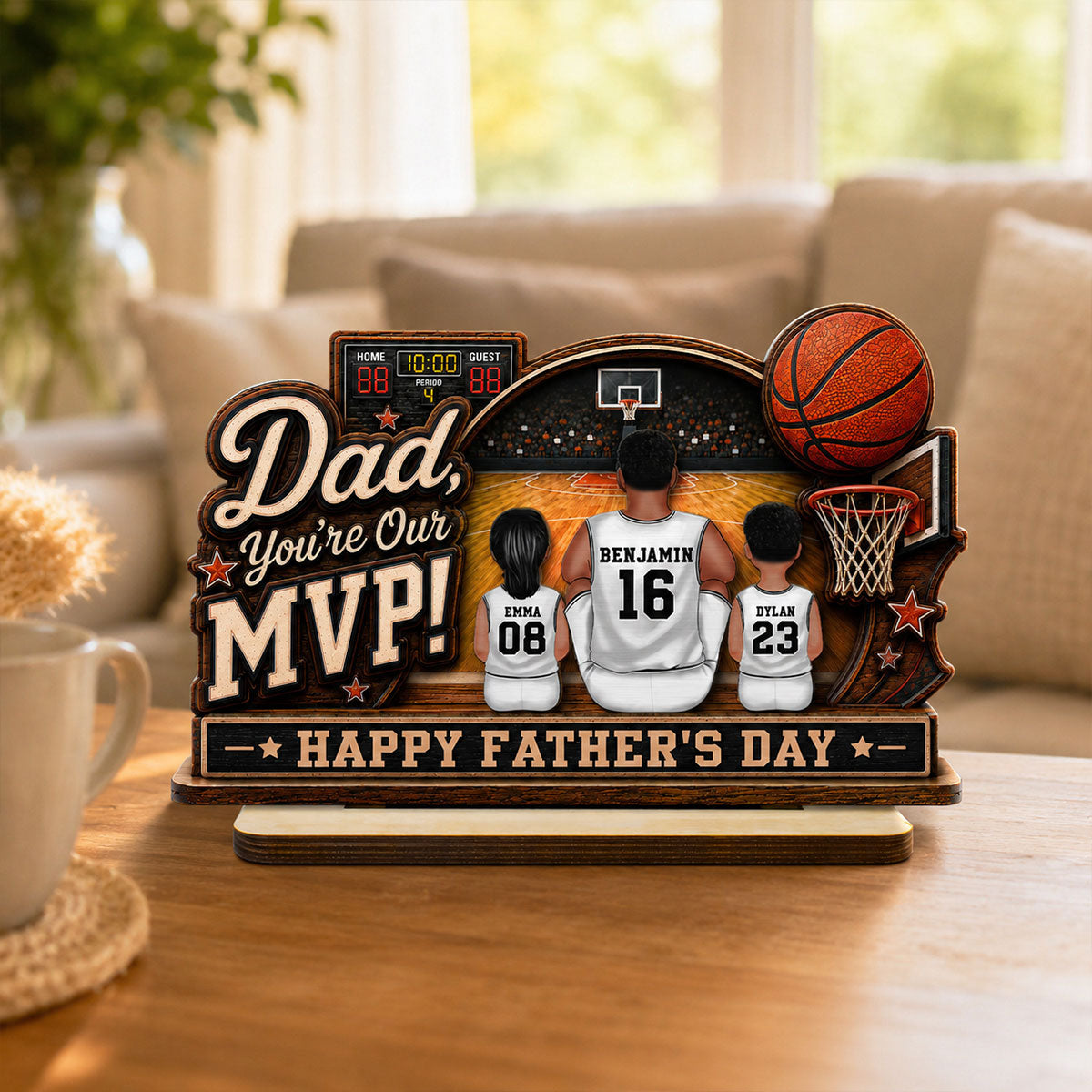 Dad You Are Our MVP Sitting Basketball Man & Kids 2D Flat - Personalized 2-Layered Wooden Plaque -  Gift For Basketball Dad