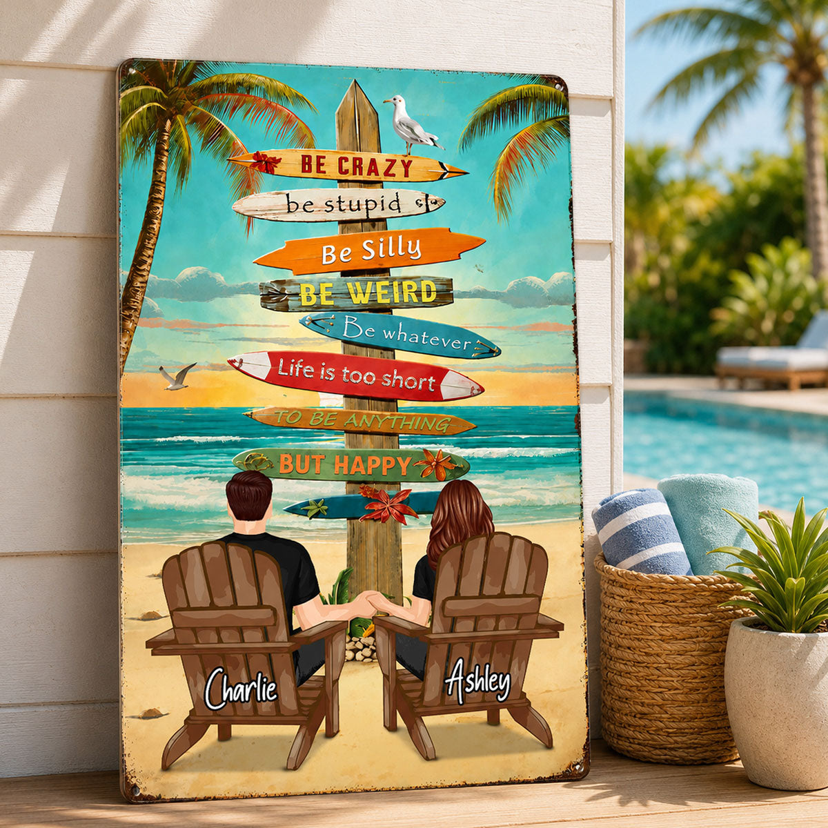 Couple Tropical Beach - Personalized Metal Sign - Gift For Couple, Summer Decorations