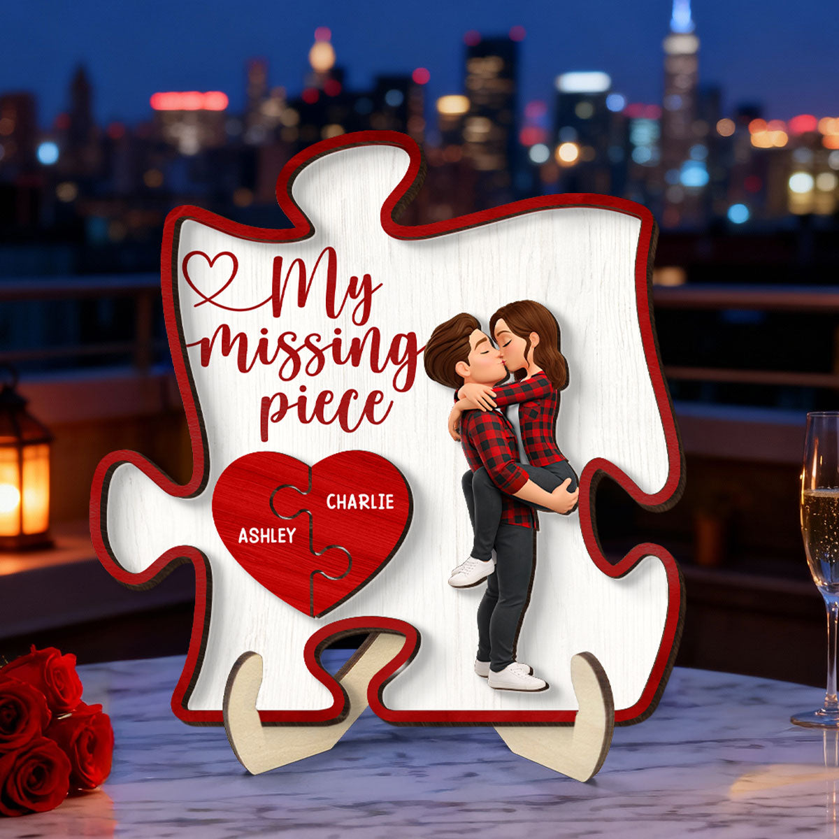 Couple Kissing My Missing Piece Red Puzzle - Personalized 2-Layered Wooden Plaque - Anniversary, Valentine's Day Gift, Gift For Him, Gift For Her